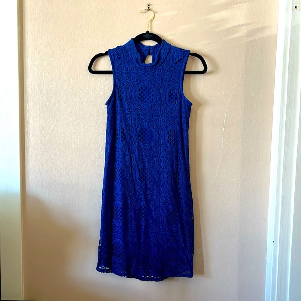 Ambiance Royal Blue Lace High Neck Sleeveless Shift Dress M